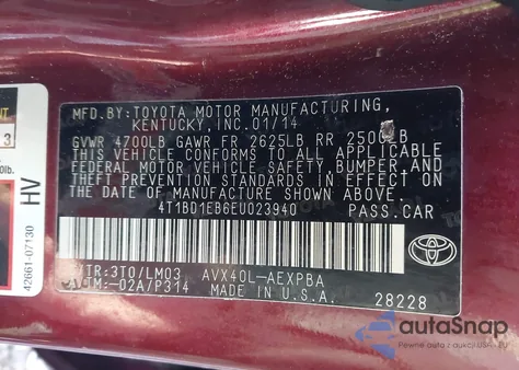 2014 Toyota Avalon Hybrid Limited z USA, uszkodzony, nr VIN 4T1BD1EB6EU023940